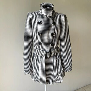 Zara striped Belt Cotton pea Coat Size M white black mock neck pockets